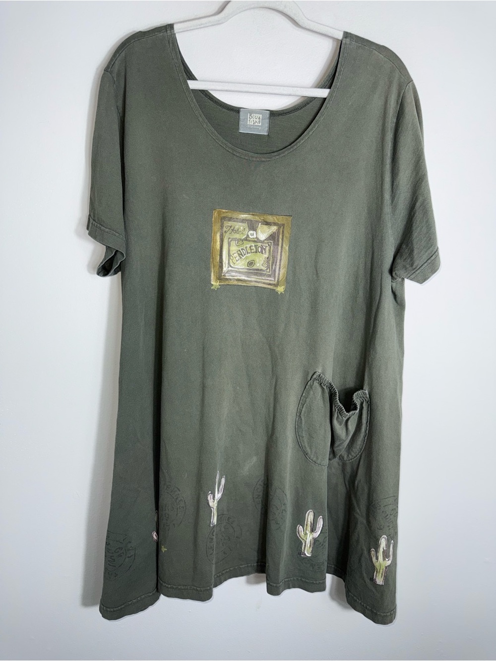 VTG Blue Fish Hand Printed Tunic Dress-Hotel Pendleton-Olive Green-2000-One Size